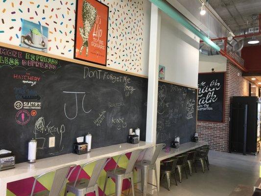 Black boards with different height chairs