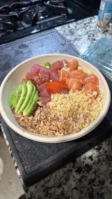 Salmon tuna avocado tempura crunch onion edamame masago