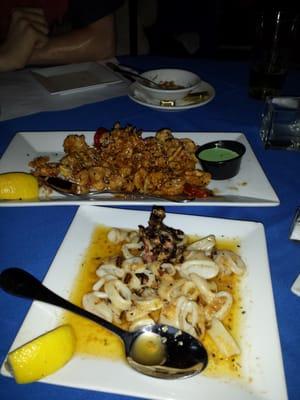 Asian calamari (top) and grilled calamari (bottom).  The top one is with wasabi cream..