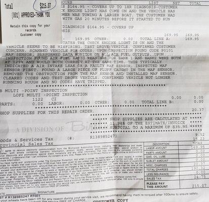 Unfortunate added cost of my oil change after our air filter wasn't fastened properly and cause error codes during  our trip.