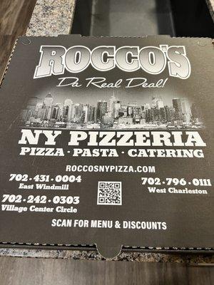 Top of the large pizza box. I love Rocco's pizza!!!