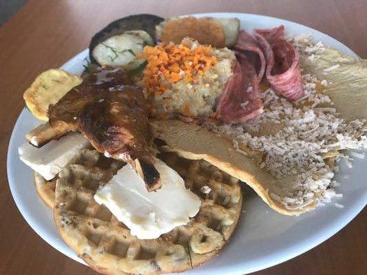 Morning Glory: Fried Eggz with choice of Breakfast Soysage, smoked Apple Bakon, and Links with Cheezy Grits and Waffles.