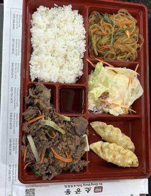 Beef Bulgogi Bento - includes friend dumplings and glass noodles