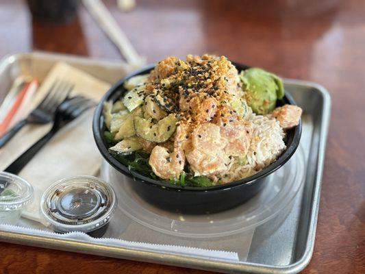 Shrimp, tuna, and salmon (Regular Poke Bowl) with bootea rice, kale greens and all the toppings.