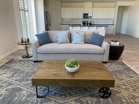 Bench cushion styled sofa with an oversized rustic coffee table and navy/ivory area rug