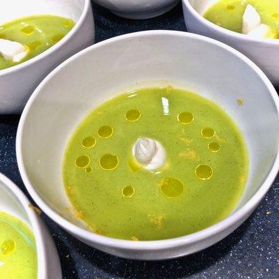 HOME COOKING: Chilled fresh English pea soup, with whipped Vermont Creamery goat cheese, lemon