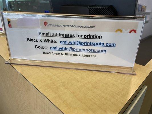 Email to printer option (Whitehall Branch)