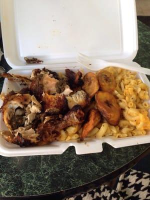 Jerk chicken, sweet plantains and baked macaroni