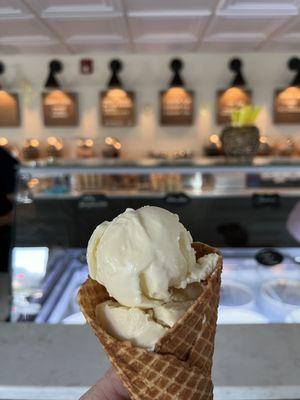 Salted sweet cream and Maine maple in a homemade waffle cone!