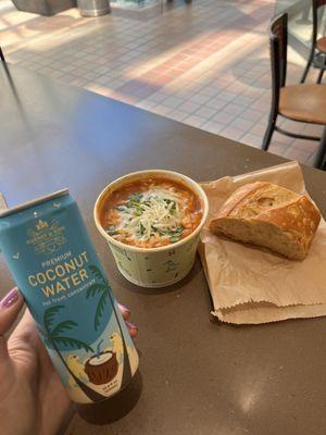 Coconut water (no filler ingredients!), chicken tortilla soup, sourdough bread