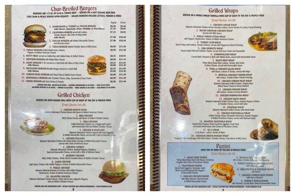 Menu (burgers, grilled chicken / wraps, panini)