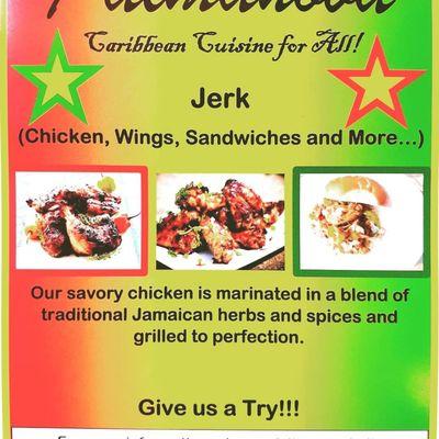 We offer Jerk Chicken , Jerk Wings and Jerk Chicken Sandwiches.