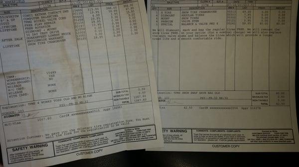 "Free Lifetime Changeover" on the left bill when I spent $1067 on tires. $42 charge on the right when I went for the swapover.