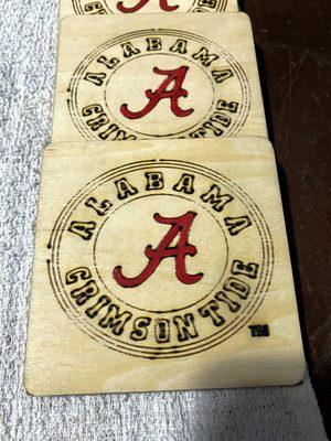 A coaster set I made for a friend, Roll Tide!!!  Laser engraved and hand painted