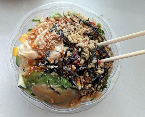 Basic 2-protein poke bowl with zucchini noodles and all the toppings. Outstanding.