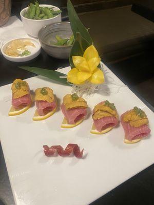 Otoro Sashimi topped with Uni $60