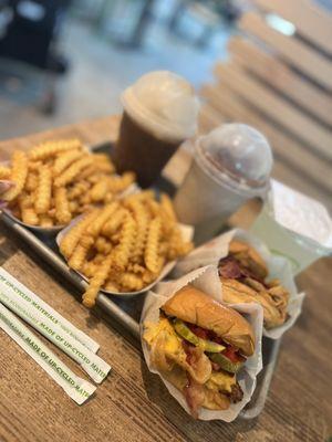 Bourbon Bacon Jam Burger & SmokeShack Burger, fries with a Root  Beer Float, OREO Cookie Funnel Cake Shake and Lemonade