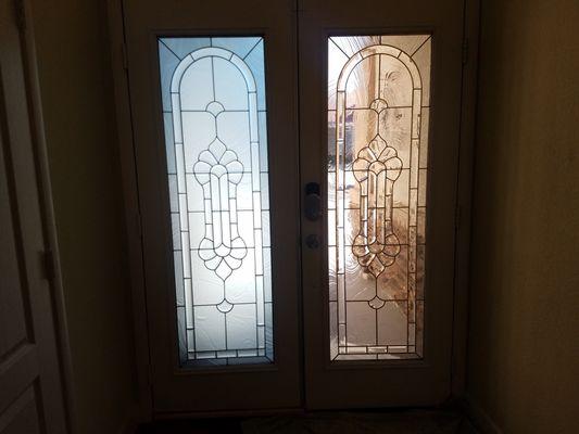 Concern about privacy but love your glass door? Frosted privacy film applied. Before and after effect.