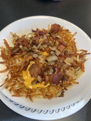 Bacon Hashbrown Bowl ( no egg, add onions )