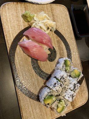 Avocado and cucumber roll and yellow tail sashimi