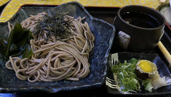 Zaru Soba with sauce, green onions, grated radish and quail egg on the side