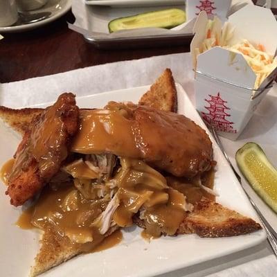 Hot open turkey sandwich with latkes and cider gravy (special)