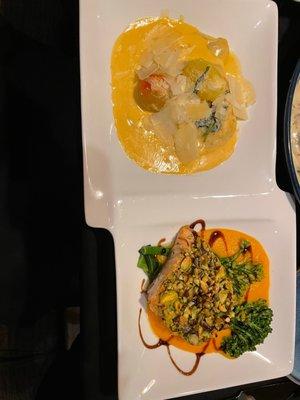 Lobster and crab ravioli and salmon