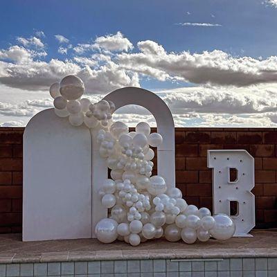 Backdrop rentals, balloon garland decor, letter B marquee rental