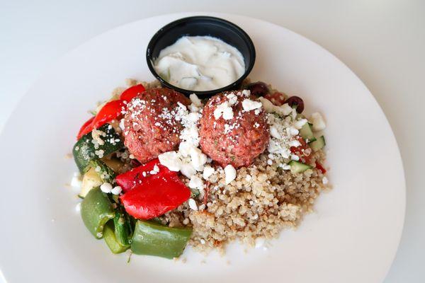 Mediterranean Meatball Bowl with house made heart friendly tzatziki sauce