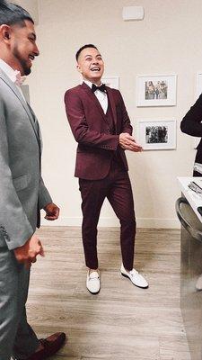 Burgundy Suit by Dapper Man. *pants hemmed and tailored by third party