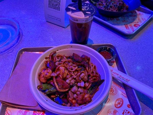 Hokkien noodles/Tiger Sugar (newly opened) Oolong tea with  boba from across inside Resorts World.