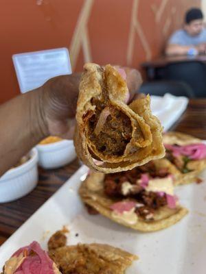 Inside the vegan Chorizo taco