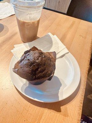 Chocolate muffin and cookie latte with oatmilk