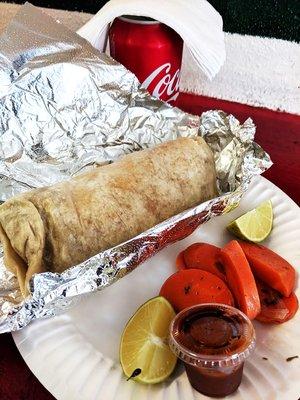 Cola + Burrito + Red hot sauce + Lime + Carrots