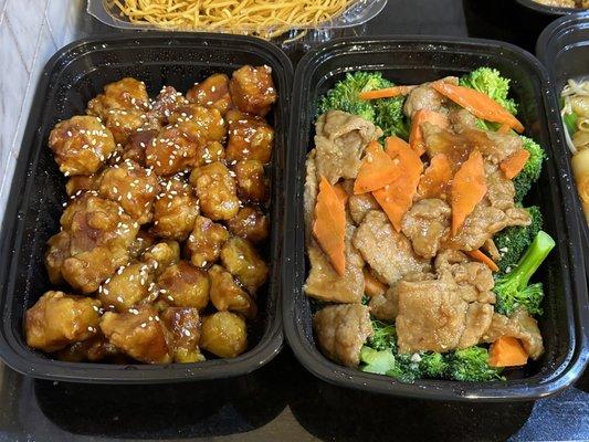 Meatless Sesame Chicken and Broccoli Beef