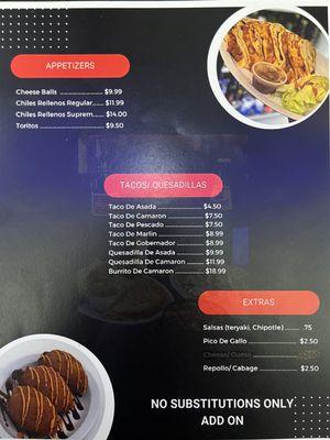 Appetizers and Tacos Menu