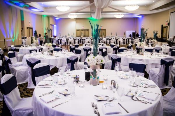 Ballroom ceiling draping at Crowne Plaza San Diego.  By Top Shelf Photo.  Lovely Chair Covers.  Uplighting by Playtime Attractions.