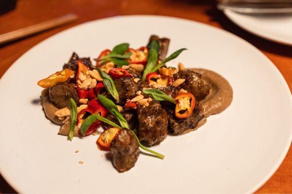 Roasted Sunchokes - Charred eggplant + duck fat garlic confit puree, pickled Jimmy Nardello peppers, purslane, dill, peanuts