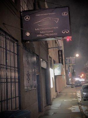 Foggy SF night outside of Metropolitan Motors Bryant Street location.