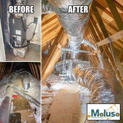 We're really proud of our most recent job. We re-engineered this duct layout, so cold air can now flow easily through the system. Efficient!