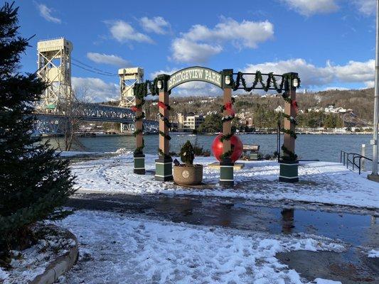 Sunny day at Bridgeview Park with the start of new decorations