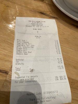 Bill with 18% gratuity included