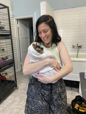 Jessica holding my foster kitty