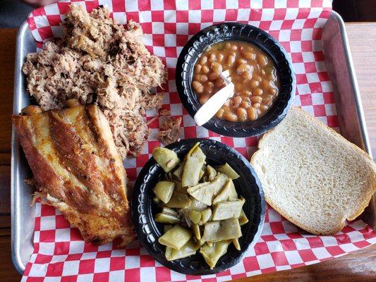 Pork and rib platter with baked and green beans