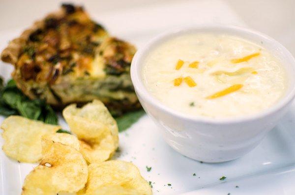 Corn & crab bisque with quiche.