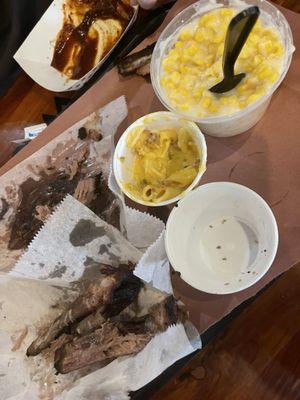 Sliced brisket, Mac cheese, and creamed corn.