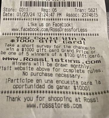 Receipt from my purchase at Ross