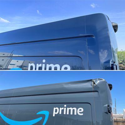 Delivery vans and Trees, never a good combination! Got this amazon prime van on the road looking like new.