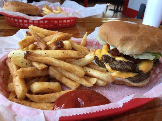 Bacon double cheese burger with crispy fries