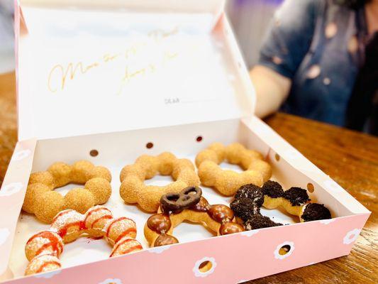 Top Row: Churro (3) Bottom Row: Strawberry Funnel, Chocolate Mint, and Oreo